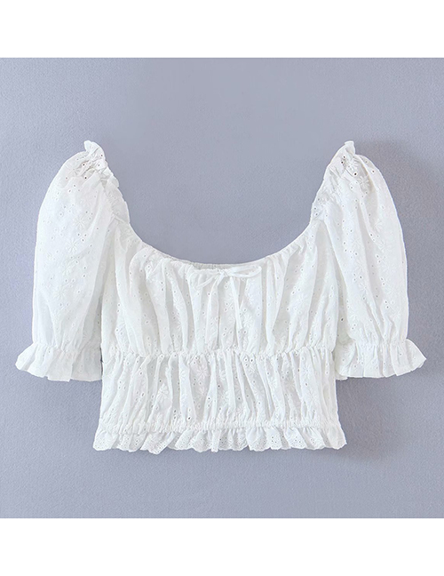 Fashion White Puff Sleeve Hollow Lace Top
