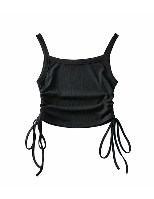 Fashion Black Solid Color Side Drawstring Sling Slim Vest