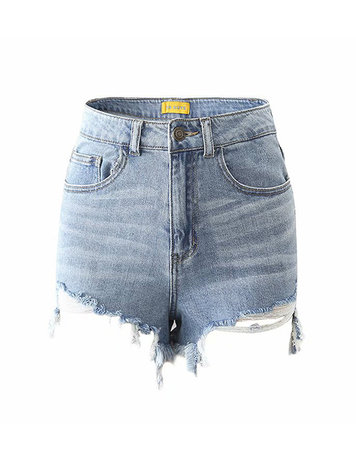 Fashion Blue Washed Stretch Denim Shorts With Ripped Holes