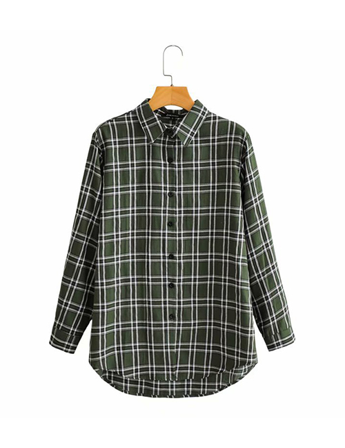 Fashion Green Check Print Lapel Long Sleeve Shirt