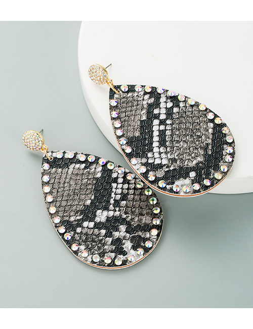 Fashion Black Drop-shaped Double-sided Printed Pu Leather Snakeskin Pattern Diamond Earrings