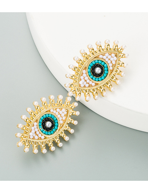 Fashion Green Eye Bead Alloy Inlaid Pearl Rhinestone Earrings
