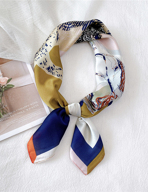 Fashion Double Horse Pattern Navy Blue Love Print Contrast Color Geometric Small Square Scarf
