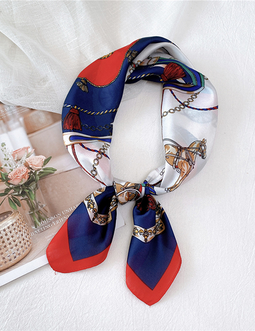Fashion Ribbon Carriage Knot Navy Blue Love Print Contrast Color Geometric Small Square Scarf