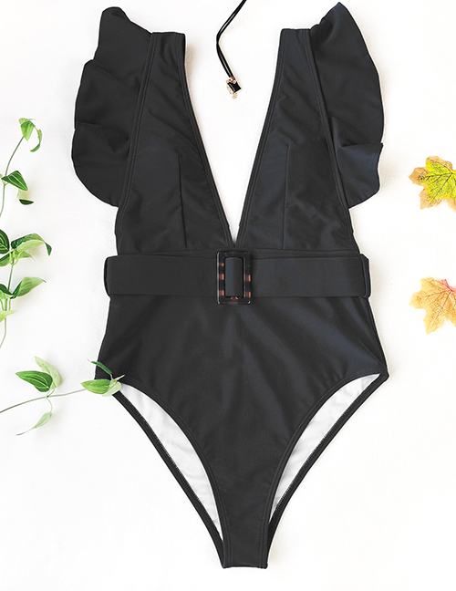 Fashion Black Ruffled Deep V One-piece Swimsuit