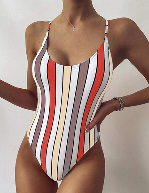 Fashion Yellow Red Striped Print One-piece Swimsuit