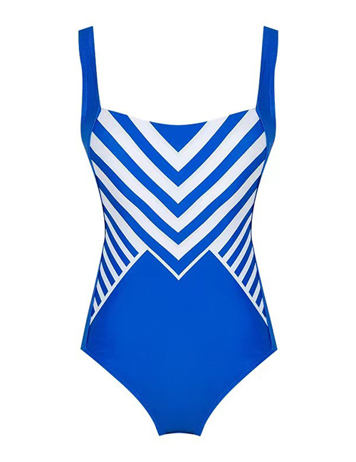 Fashion Blue Striped Panel One-piece Swimsuit