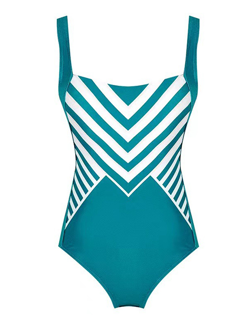 Fashion Green Striped Panel One-piece Swimsuit