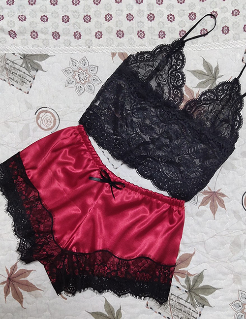 Fashion Red Two-piece Silk Sling Lace Underwear Nightdress