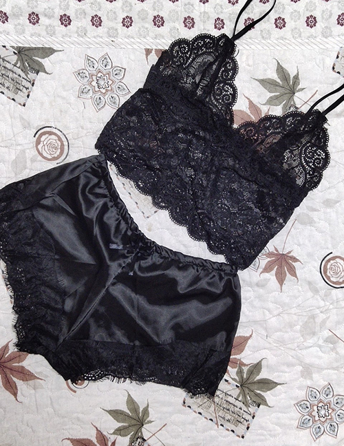Fashion Black Two-piece Silk Sling Lace Underwear Nightdress