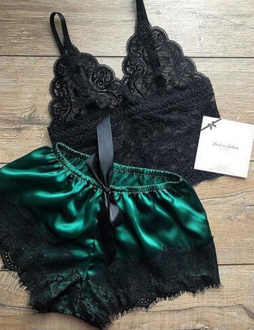 Fashion Dark Green Two-piece Silk Sling Lace Underwear Nightdress