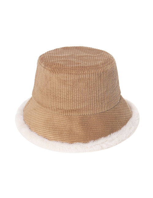 Fashion Beige Corduroy Striped Rabbit Fur Trim Fisherman Hat