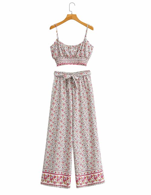 Printing Floral Print Cropped Top With Bowknot Wide-leg Pants Suit