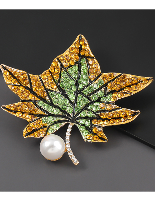 Green Alloy Diamond Pearl Maple Leaf Brooch