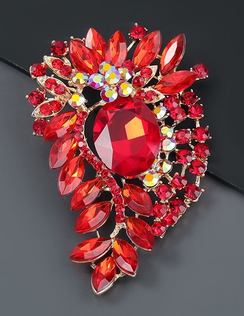 Red Alloy Full Of Diamond Flower Brooch