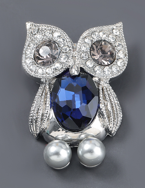 Blue Silver Color Alloy Diamond Owl Brooch