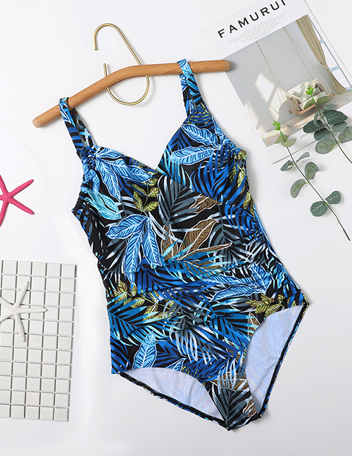 Fashion Printing Printed Leaf Pleated One-piece Swimsuit