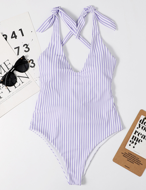 Fashion Purple Striped Knotted Printed Open Back One-piece Swimsuit