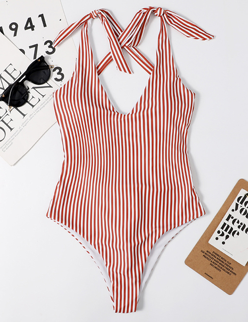 Fashion Red Striped Knotted Printed Open Back One-piece Swimsuit