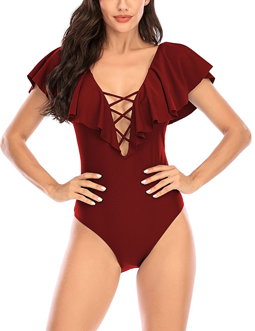 Fashion Red Wine Solid Color Flashing Cutout Swimsuit