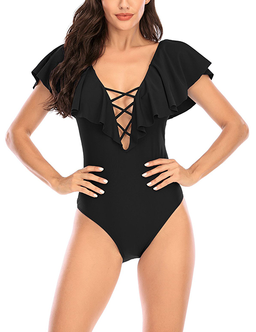 Fashion Black Solid Color Flashing Cutout Swimsuit