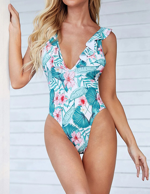 Fashion Blue Flowers One-piece Swimsuit With Printed Fungus