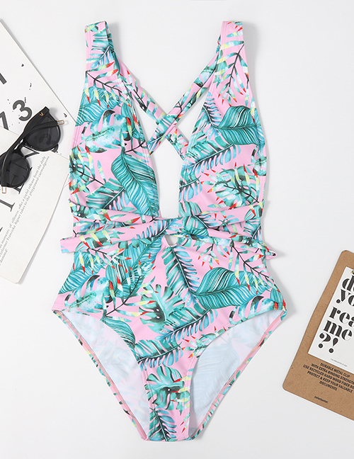 Fashion Leaves Pink Gradient Print Halterneck Lace One-piece Swimsuit