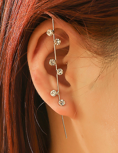 Fashion Six Diamond Silver Color Diamond-studded Lightning Leaf Geometric Piercing Ear Slash Earrings