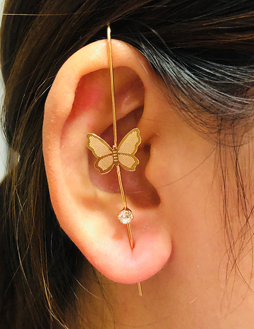Fashion Butterfly Gold Color Diamond-studded Lightning Leaf Geometric Piercing Ear Slash Earrings
