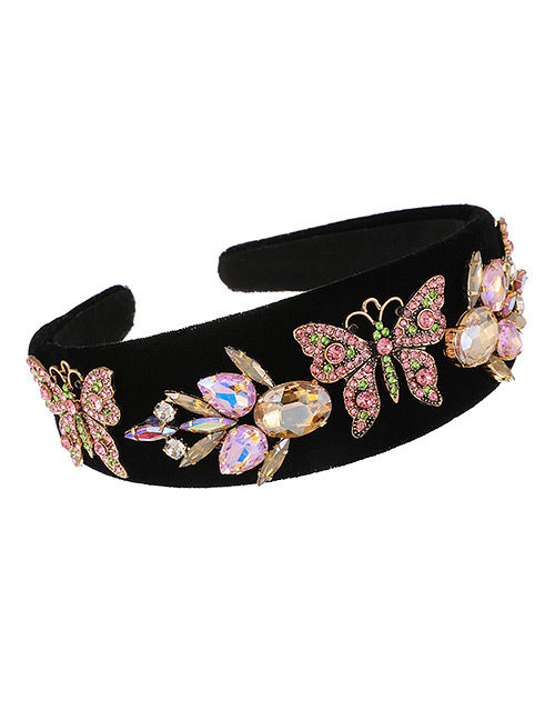 Fashion Pink Fabric Alloy Diamond-studded Butterfly Headband