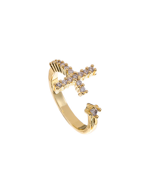 Fashion Gold Color Copper Inlaid Zircon Cross Ring