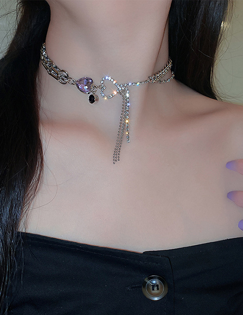 Fashion Silver Needle Titanium Steel Pearl Heart Tassel Necklace