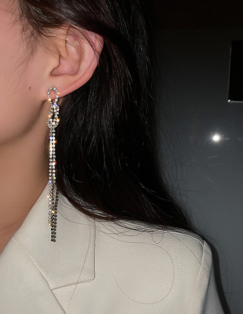 Fashion Silver Diamond Bow Tassel Earrings