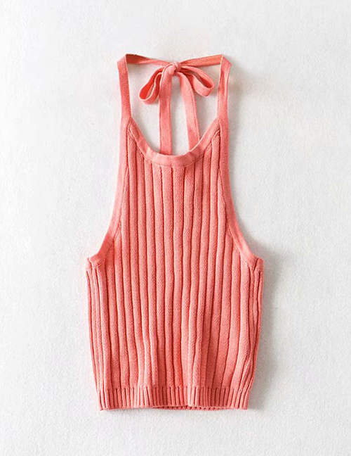 Fashion Orange Pink Halter Tie Pit Strip Knitted Sling Top