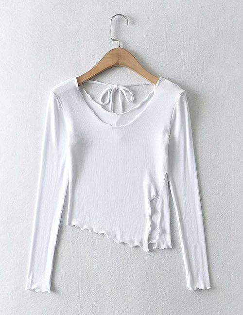 Fashion White Lace-up Long-sleeved Irregular Split T-shirt