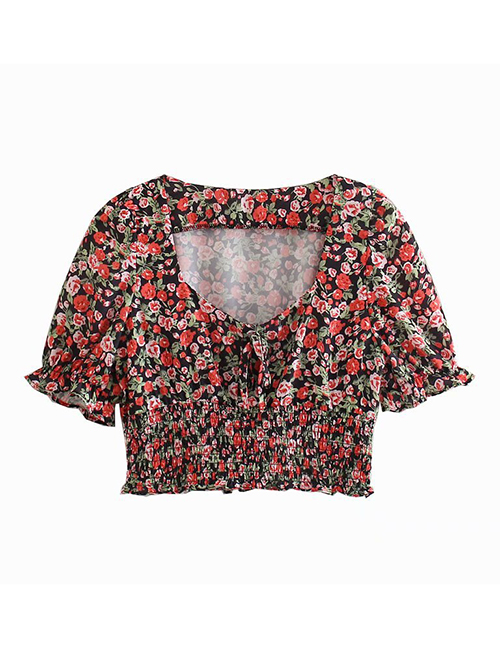 Fashion Photo Color Flower Print Elastic Shirt Top