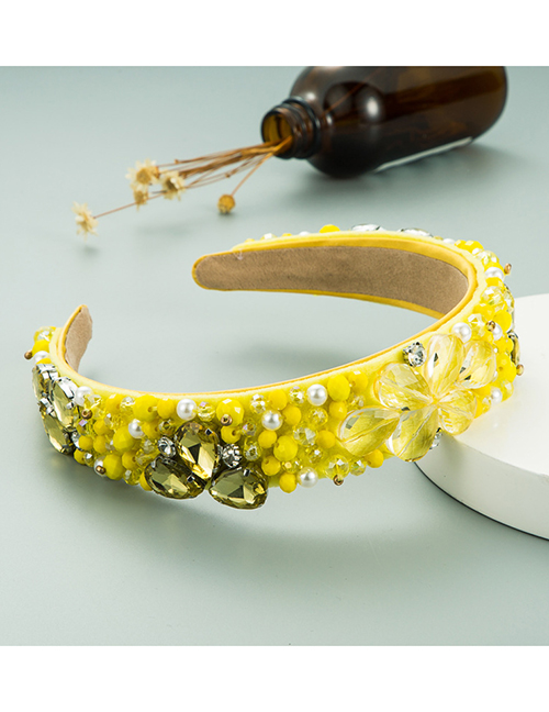 Fashion Yellow Pearl Crystal Flower Wide Brim Headband