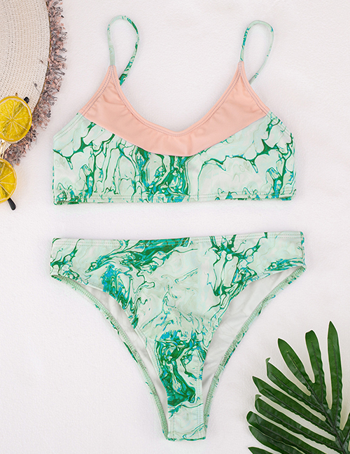 Fashion Green Patchwork Print Split Swimsuit