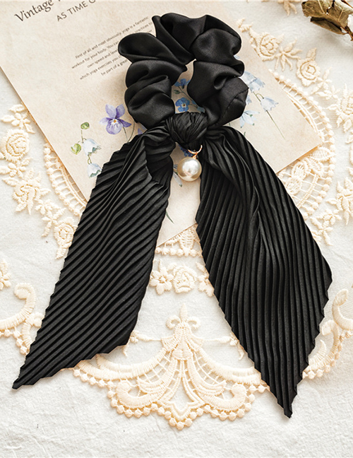 Fashion Black Crumpled Streamer Satin Crinkled Bunch Pearl Hair Tie