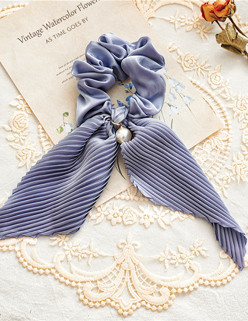 Fashion Blue Crumpled Streamer Satin Crinkled Bunch Pearl Hair Tie