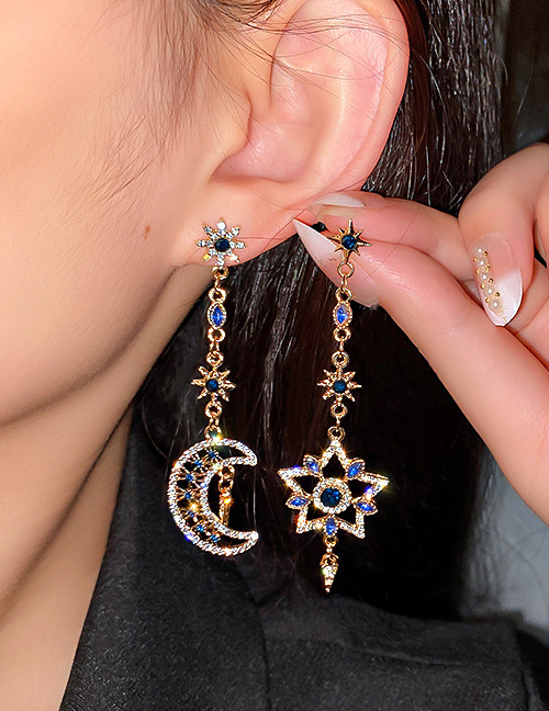 Fashion Silver Color Needle-star And Moon Asymmetry Stars And Moon Long Asymmetrical Diamond Earrings