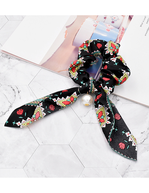 Fashion Pattern Black Chain Pearl Silk Scarf Ribbon Hair Tie