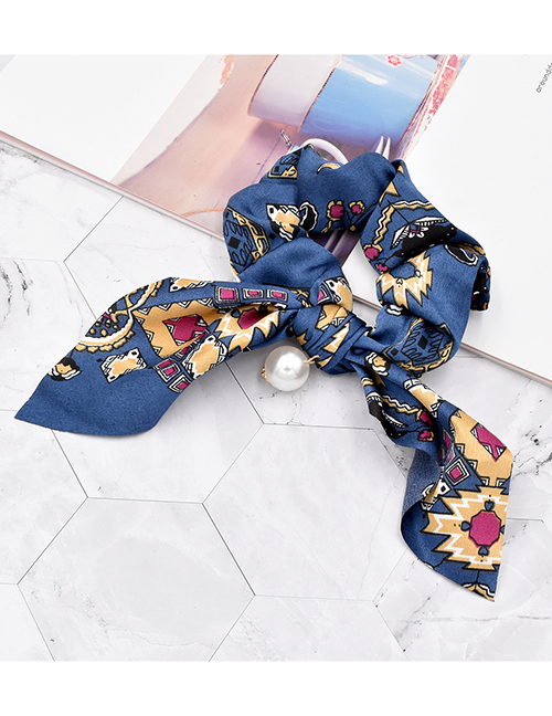 Fashion Pattern Navy Chain Pearl Silk Scarf Ribbon Hair Tie