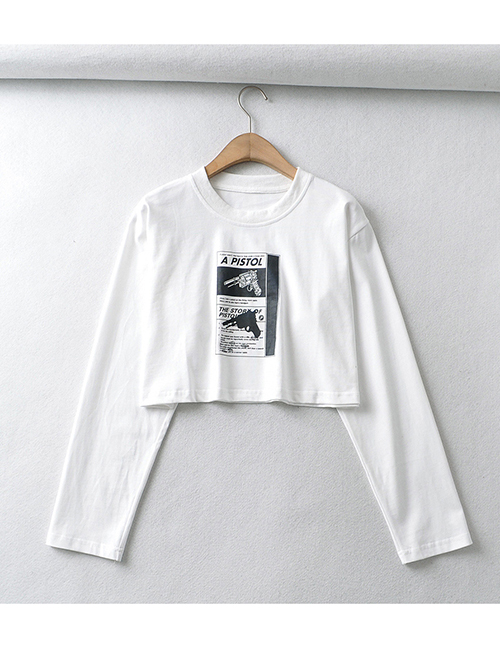 Fashion White Solid Color Round Neck Pistol T-shirt