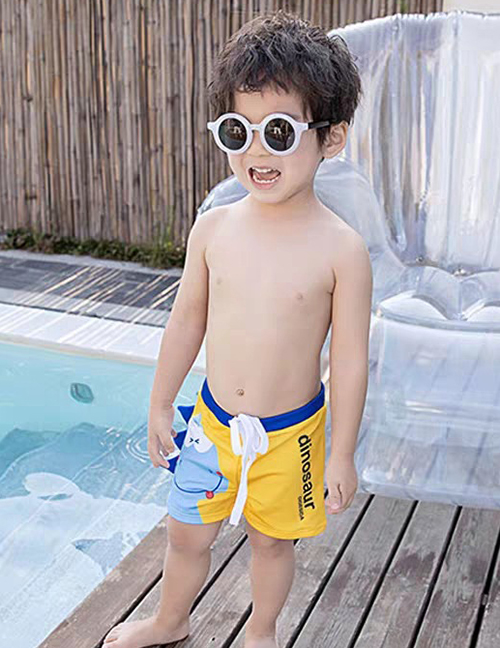 Fashion Digusda Yellow Dinosaur + Hat Childrens Cartoon Pattern Swimming Trunks Boxer Swimming Trunks + Swimming Cap Swimming Suit