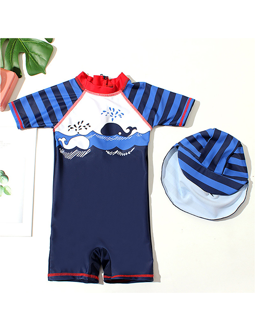 Fashion Boy Siamese Little Whale + Red Collar Childrens Suit Surfing Whale One-piece Swimsuit