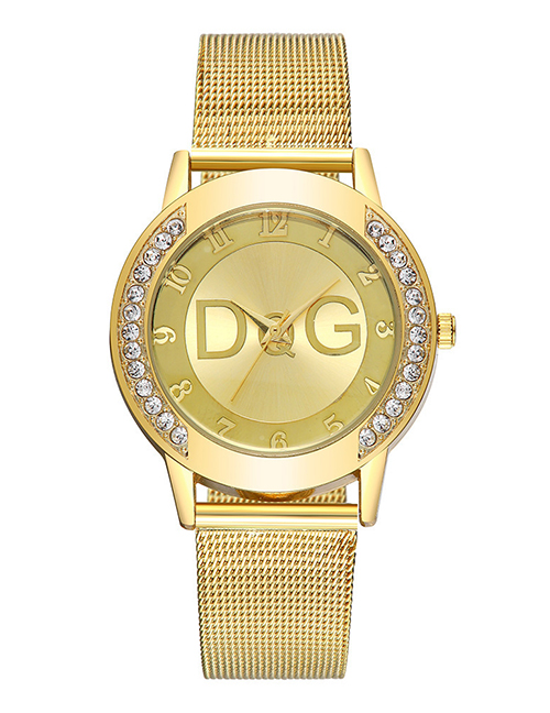 Fashion Gold Color Bilateral Diamond Mesh Strap Watch
