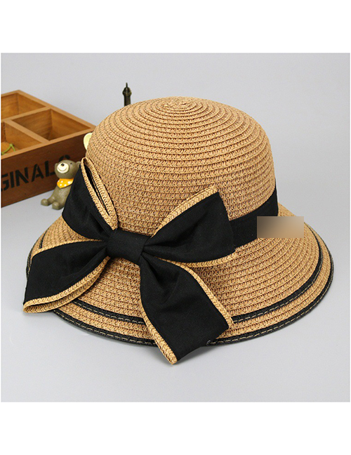 Fashion Light Coffee Sunscreen Woven Straw Hat With Big Bow And Big Edge Parent-child (children)