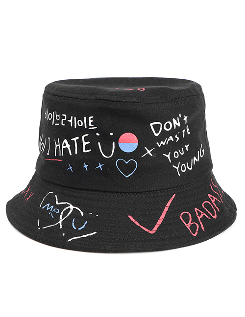 Fashion Black Love Smiley Letters Graffiti Print Fisherman Hat