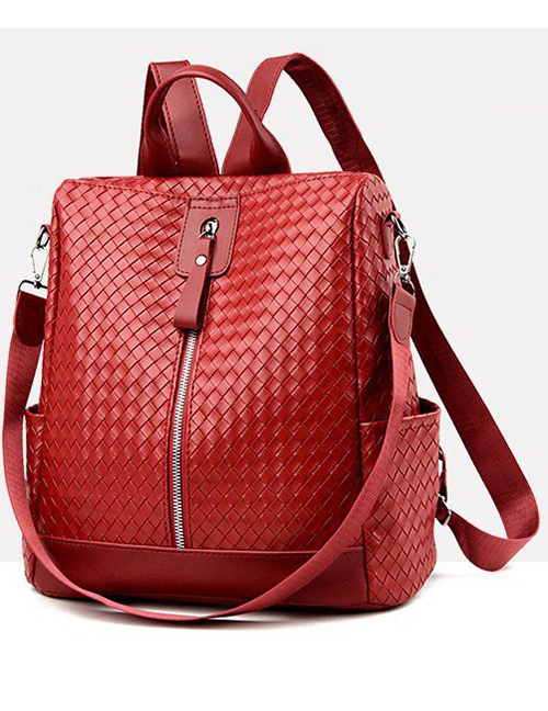 Fashion Red Soft Leather Woven Backpack